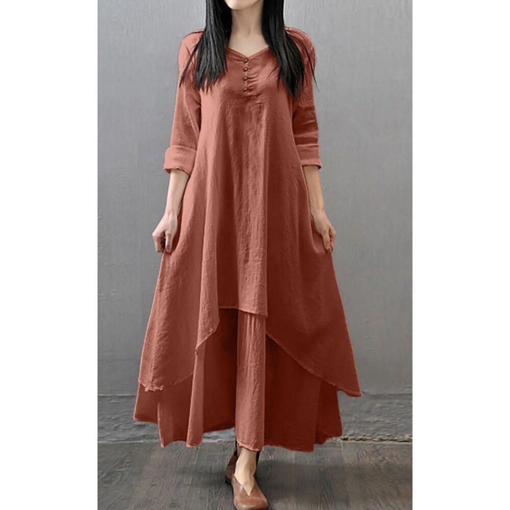 NEW LIGHT Rust Red Sz Large Layered Flowy Lightweight Long Sleeve Maxi Dress NWT